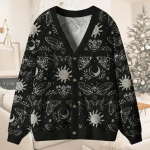 Witchy Moth Sun Moon Cardigan, Dark Academia Sweater, Goth Occult Button Up, Celestial Knitwear, Unique Christmas Gift for Her Full Size S-5XL