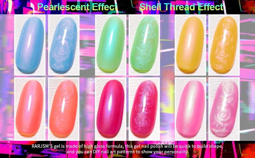 RARJSM Neon Pearl Gel Nail Polish Set 6 Bright Colors Green Blue Yellow Orange Red Pink Rainbow Iridescent Mermaid Shell Glitter Polish Shimmer Multichrome Swirl Thread Effect Curing Requires UV/LED