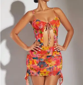 Tie Dye Knot Front Cami Top & Draped Side Bodycon Skirt