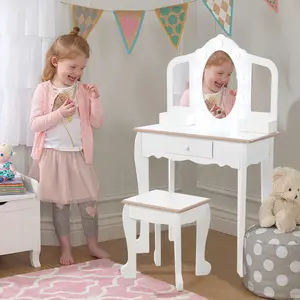 Kids Makeup Vanity Set with Chair, Wooden Dressing Table with Adjustable LED Lights, Tri-Fold Mirrors, Drawer & Stool for Girls Bedroom