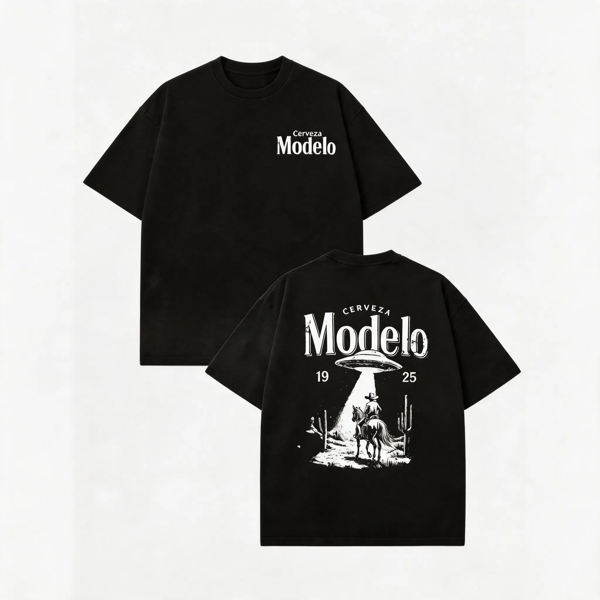 Retro Streetwear Tee With Cerveza Modelo Letter Print, UFO Western Cowboy Desert Scene Design, Y2K Oversized Casual Short Sleeve Men's Summer Fashion  Summervibes