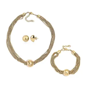 3 Piece Set - Multi Layer Chain Necklace 15 Inches, Bracelet 7.50In and Earrings in Goldtone