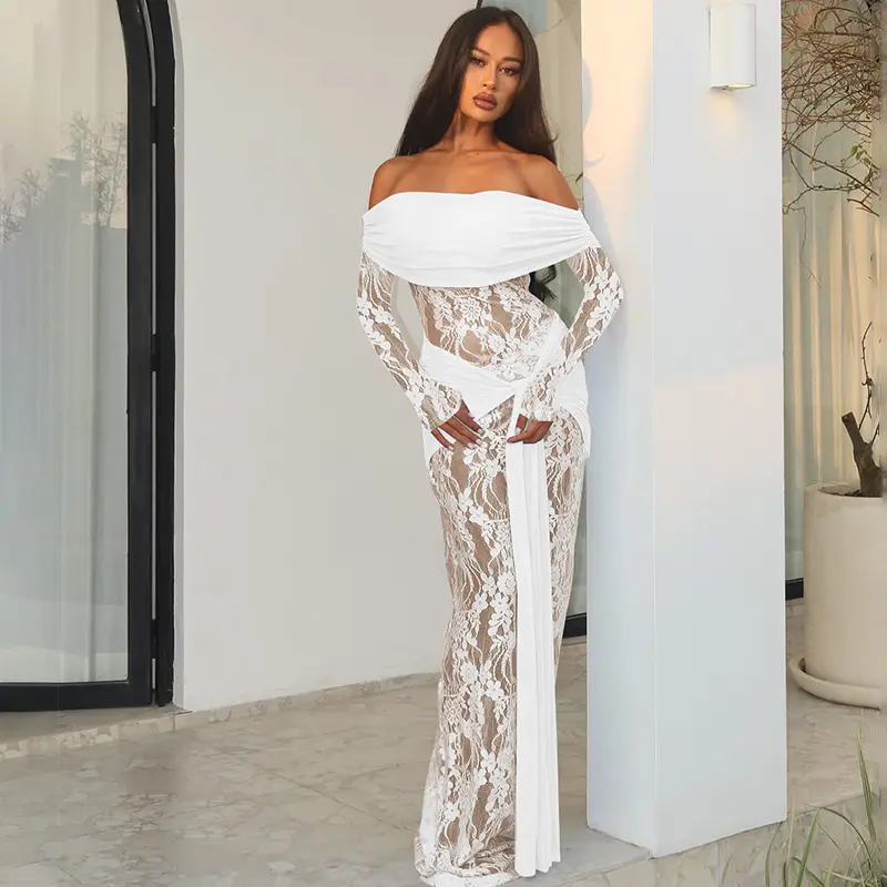 Women's Semi Sheer Off Shoulder Double-Layer Lace Maxi Dress Waist Sash Tie Dresses 2025 Fall & Winter New Slim Fit Long Sleeve Bodycon Solid Color Party Dating Sexy Elegant Gown Vacation Outfit Dress