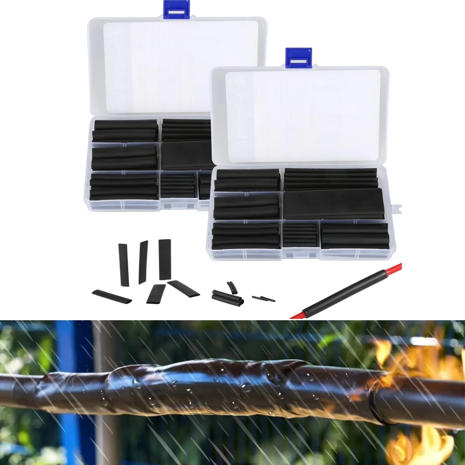 146-Piece Multi-Size Marine Grade Thermal Shrink Cable Sleeves, 4:1 Shrinkage Ratio, Sealing Adhesive Coated, Flame Retardant Ageing Resistant Polymer Tubes for Industry & Household Wiring (Black Home Improvement Electrical Supplies)