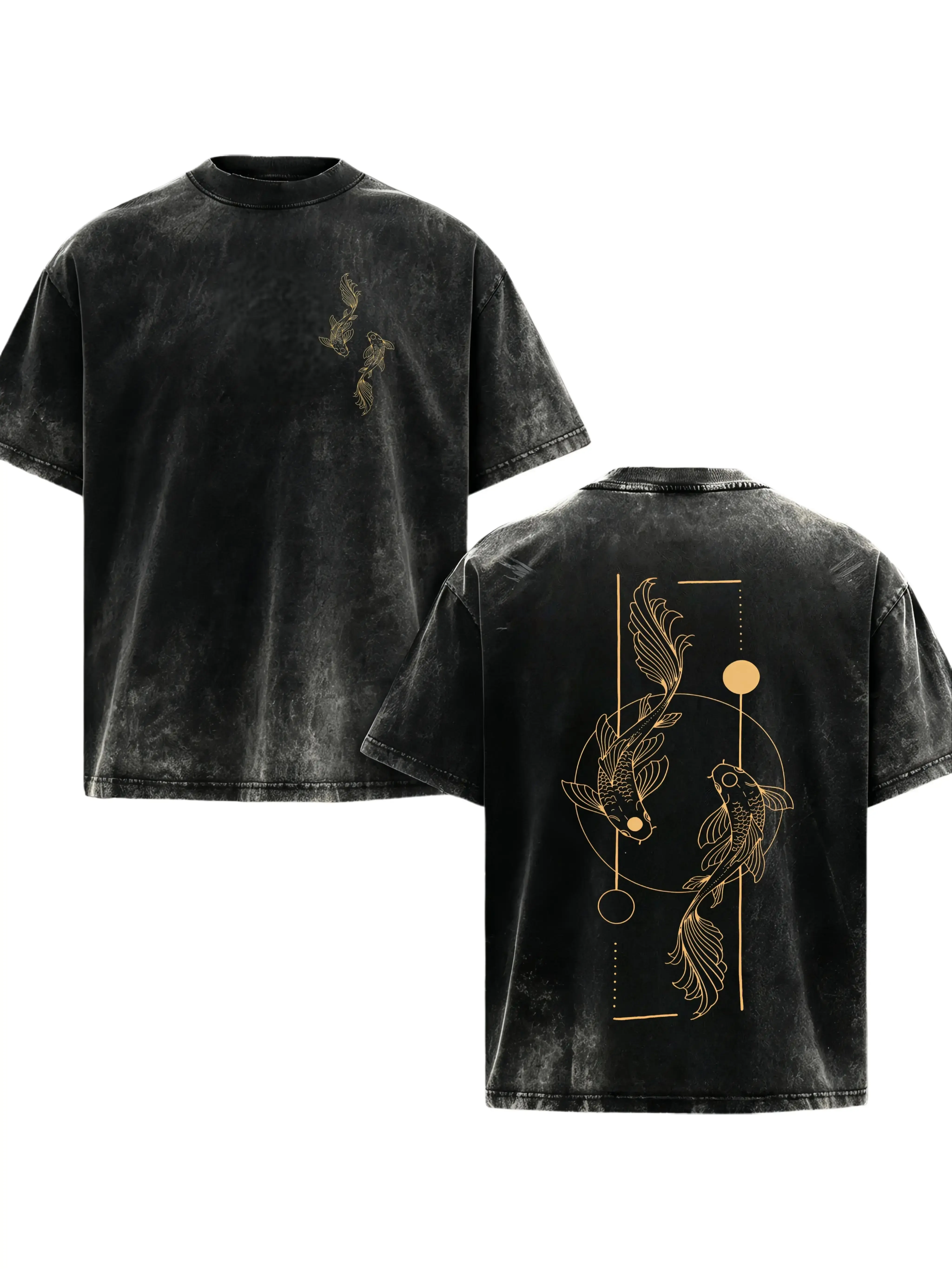 [BT] Men's Washed Vintage T-Shirt, Yin Yang Koi Fish Front & Back Print Oversized Tee, Oriental Asian Streetwear Casual Top,Graphic T-Shirt, Black Washed Oversized Japanese Art Tee, Dark Aesthetic Line Print Casual Streetwear Shirt for Men