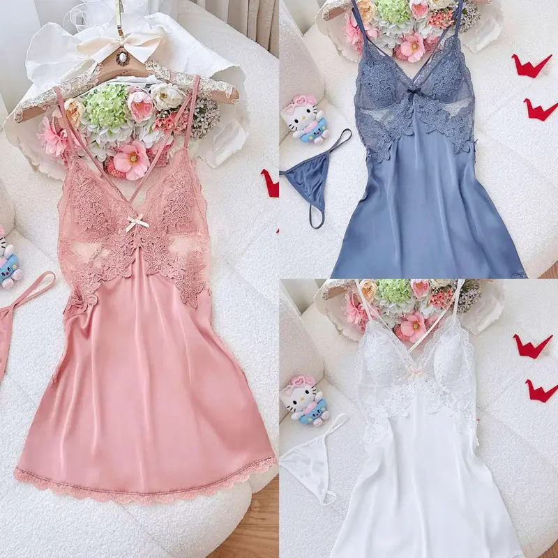 Luxe Lace & Silk Nightgown Set - Elegant Pink, Sky Blue, & White Colors - Soft Silk Material - Perfect for Comfortable Sleep