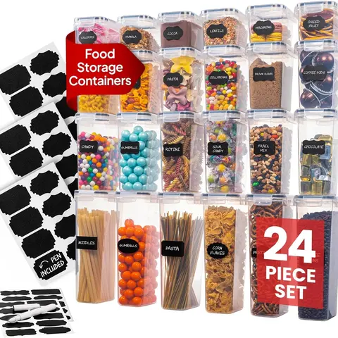 Airtight Food Storage Containers Set - Air Tight Pantry Storage Containers with Lids - Pasta Flour Sugar Cereal Containers - Storage Containers for Food - Kitchen Storage Container (Clear-24 Pack)