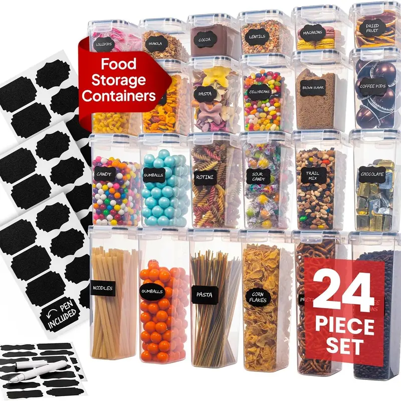 Airtight Food Storage Containers Set - Air Tight Pantry Storage Containers with Lids - Pasta Flour Sugar Cereal Containers - Storage Containers for Food - Kitchen Storage Container (Clear-24 Pack)