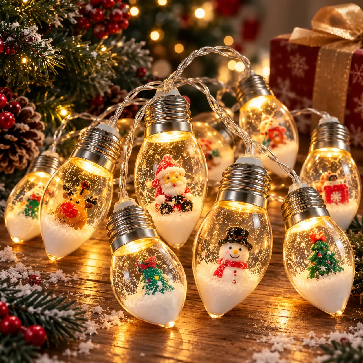 Magical Lightweight 6.8Ft Battery-Operated Christmas String Lights, 10 LED Snow Globe Vintage Bulbs with Snow & Cute Ornaments, Gift for Indoor & Covered Outdoor Christmas Tree Mantel Decor