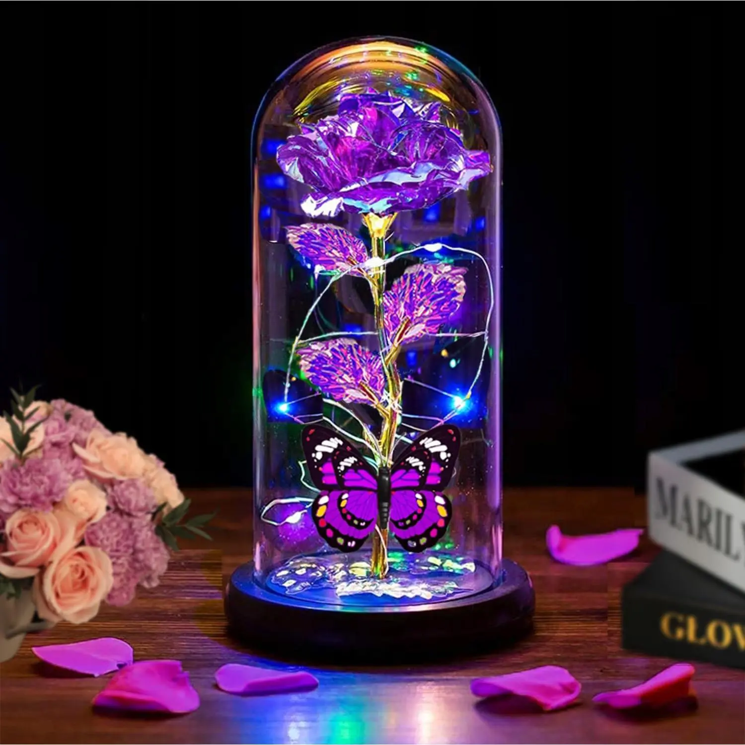 Color-Change Light-Up Purple Rose Lamp with Butterfly & Rainbow Flower in Glass Dome, Battery-Powered Strip Light Decor, Romantic Accessories, Bright Warm Ambiance Glow, Thoughtful Birthday & Mothers Day Gifts for Home Festive Party Supplies, Thoughtful B