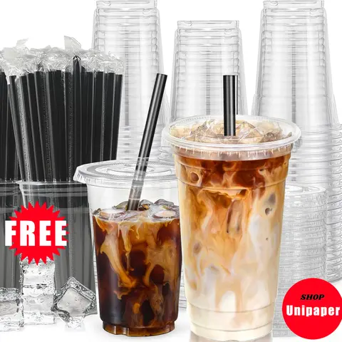 32oz-12oz Clear Plastic Cups With Lids and Straws, Disposable Cups With Lids for Iced Coffee, Smoothie, Milkshake and Cold Drinks