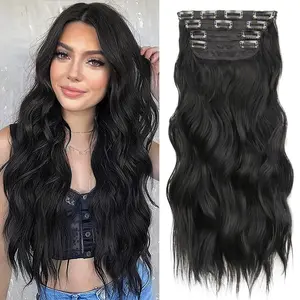 Missqueen Beauty Long Black Hair Extensions Clip in Synthetic Hair Extensions for Women 20 Inch Long Wavy Thick Hairpieces