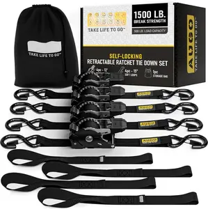 Self-Locking Retractable Ratchet Straps | 4 Heavy Duty Self-Tensioning Retractable Tie Down Straps with Soft Loops & Storage Bag | for , , Cargo | 1500Lb Break Strength 1 x 12
