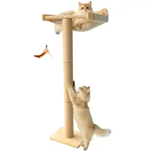 Famifit 2-in-1 Cat Scratching Post & Window Hammock with Bird-Watching Perch - Includes Bell Toy, Strong Suction Cups, Sturdy Wood Base & Adjustable-Height Sisal Post (Choose 46" or 54.3") for Climbing and Play.