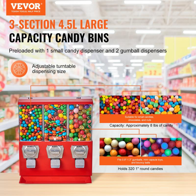 VEVOR Commercial Vending Machine,  , Triple Compartment Candy Dispenser with Iron Stand, Gumball and Candy Machine for Business, Coin Operated Gumball Bank for Toy Capsules Bouncy Balls Candy Nut, Red