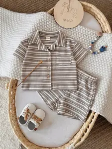 Summer Baby Clothing Polo Neck Striped Loose Shorts + Gym Shorts Set, Casual Style, Colorblock Pattern, Two-Piece Set