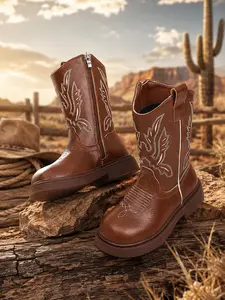2026 New Western Cowboy Boots for Kids | Brown Embroidered Zip Up Boots | Casual Non-Slip Boots for Boys & Girls