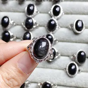 Silver Obsidian Flash Adjustable Rings Crystal  Men And Women Silve Obsidian Ring Oval Jewelry crystal ring