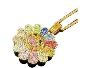 Sunflower Colorful Petal Smiley Face Necklace Takashi Murakami Inspirational Badge Brooch(Spinning,Gold Color)