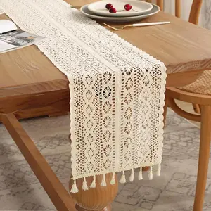 72 Inch Boho  Crochet Table Runner,  Beige Bohemian Lace Macrame Table Runner for Kitchen Coffee Dining Table Rustic Farmhouse Living Room Bedroom Dresser Decor
