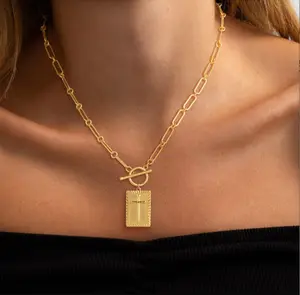 Gold Plated Cross Pendant Necklace Chain Dainty Charm Necklace for Women Fashion Simple Jewelry Gift with Elegant Rectangle Pendant 0.98inCH