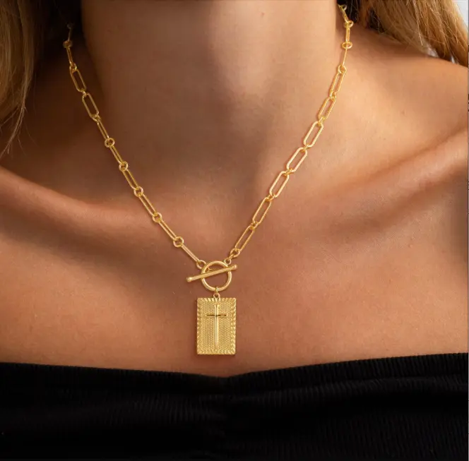Gold Plated Cross Pendant Necklace Chain Dainty Charm Necklace for Women Fashion Simple Jewelry Gift with Elegant Rectangle Pendant 0.98inCH