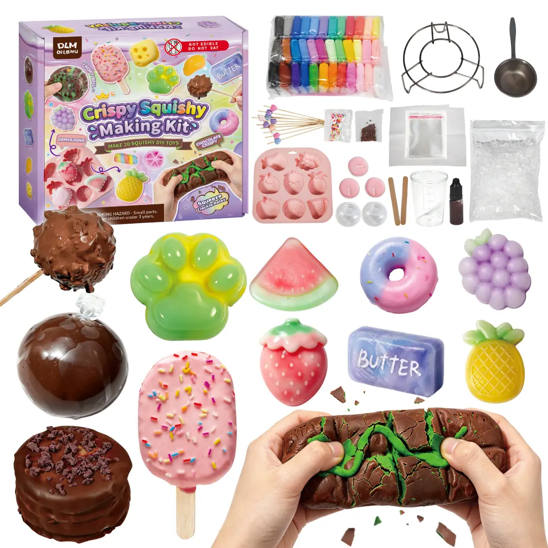 DLM Dilemu Crispy Squishy Making Kit, DIY Arts & Crafts Clay Set with Molds, Wax Dipping Tools, Decorations to Create 20 Squishy Toys for Educational Play