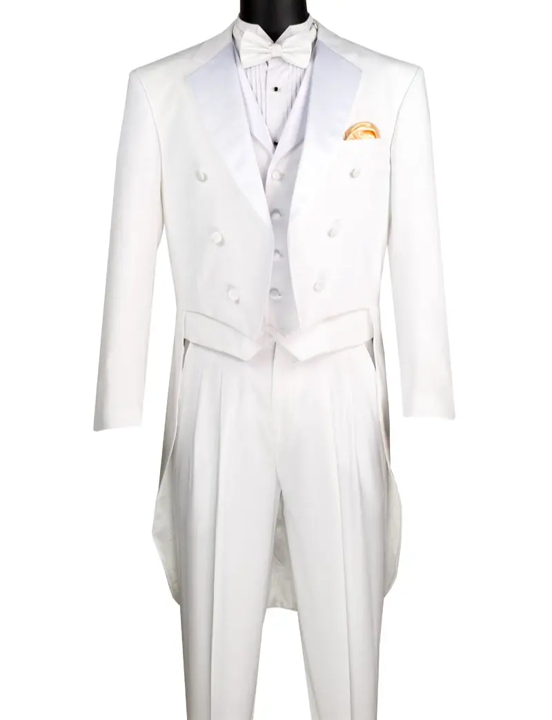 Men’s 3-Piece Tailcoat Tuxedo with Vest and Pleated Pants - White