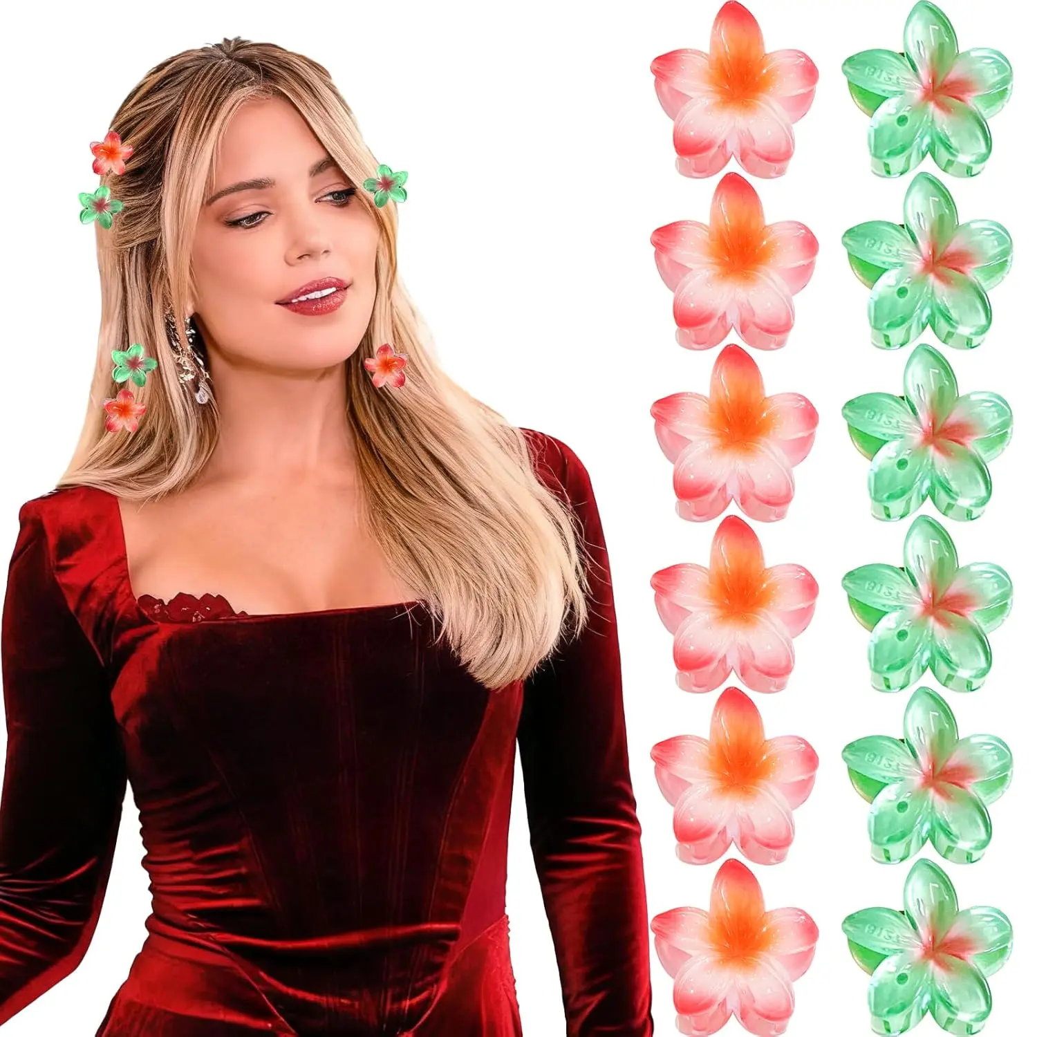 Christmas Small Flower Hair Claw Clips,12PCS 1.18" Cute Hair Clips for Women/Girls,Mini Hair Claw Clips for Thick/Thin Hair,Hawaiian Hair Decorations Gifts for Women (Chirstmas red green)
