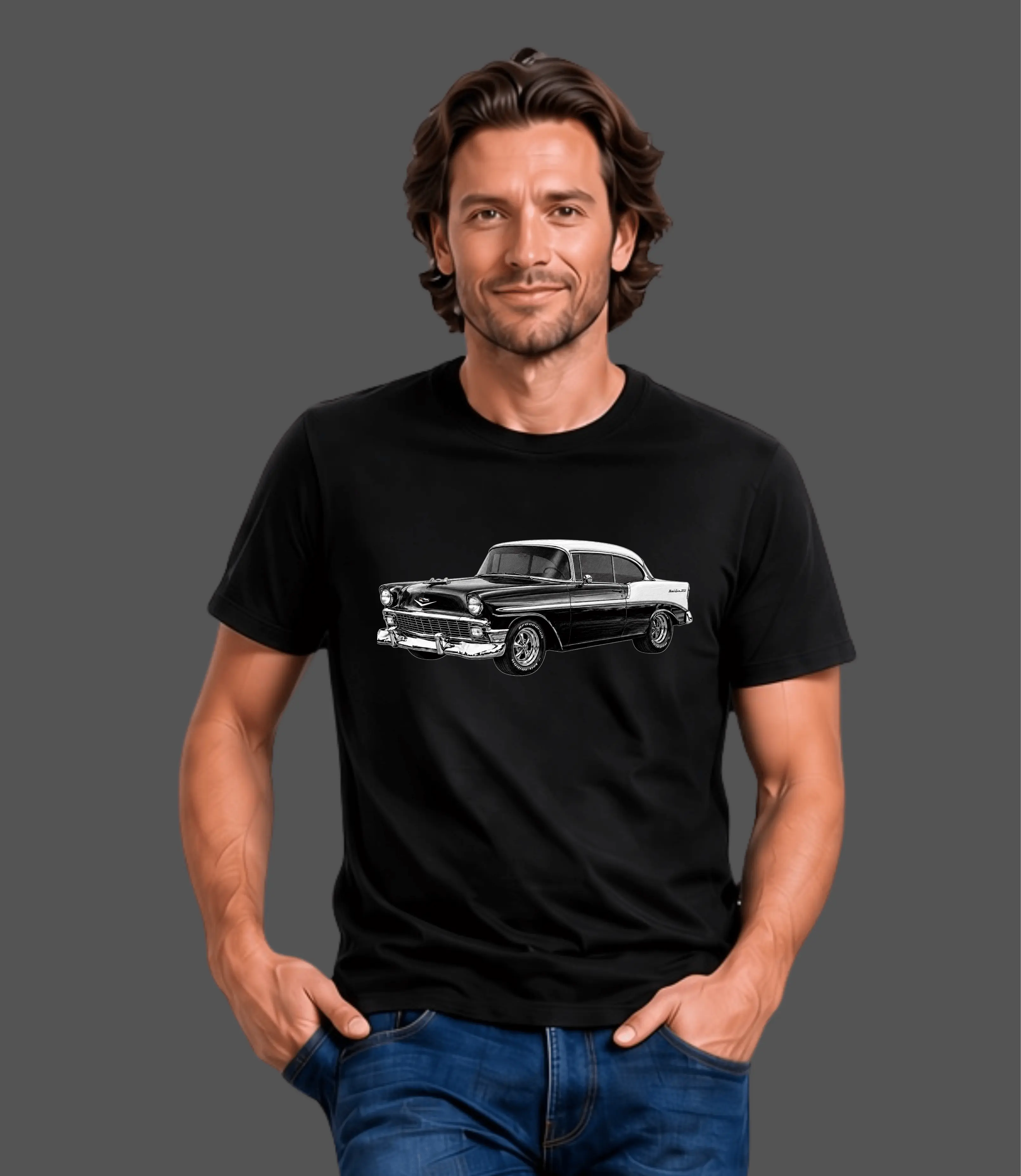 Men's Short-Sleeve Unisex T-Shirt, 1957 Bel Air Illustration, Vintage 1950s Tri-5 Car Design
