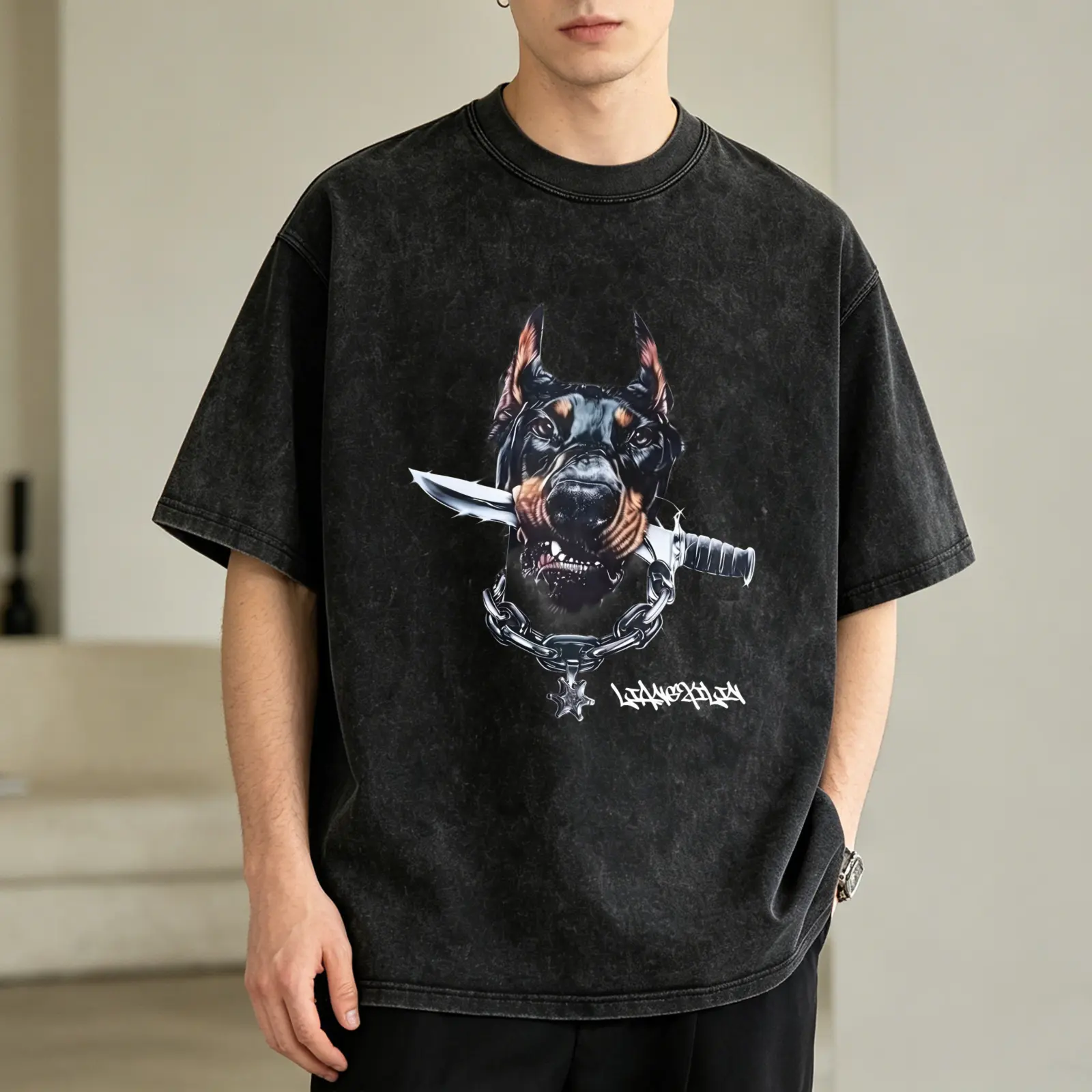 Men's Vintage Washed Streetwear T-Shirt - Doberman Knife Chain Logo Print, Oversized Round Neck, Breathable Short Sleeve Casual Top for Outdoor Wear, Tshirt, Soft, Menswear, Oversized Cut, Washed Finish, Graphic Print