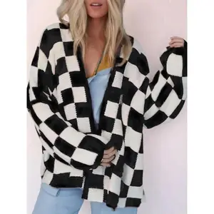 Women's Knitted Checkerboard Pattern Drop Shoulder Long Sleeve Cardigan for Daily Wear Knitwear Womenswear