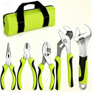 5-Piece Tool Set with Storage Pouch, Includes Slip Joint, Long Nose, Diagonal Cutting Pliers and 8-Inch Adjustable Wrench, Durable Hand Tools for Home Repair and Maintenance, Reusable, Non-Slip Grip Handles, Green