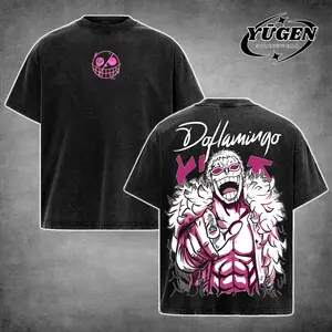 [Yūgen Store] Doflamingo One Piece Vintage Washed Oversized T-Shirt, Heavenly Demon Pink Line Art Villain Graphic Tee, Heavyweight Cotton Unisex Streetwear, Anime Manga Fan Gift, Relaxed Fit Daily Wear