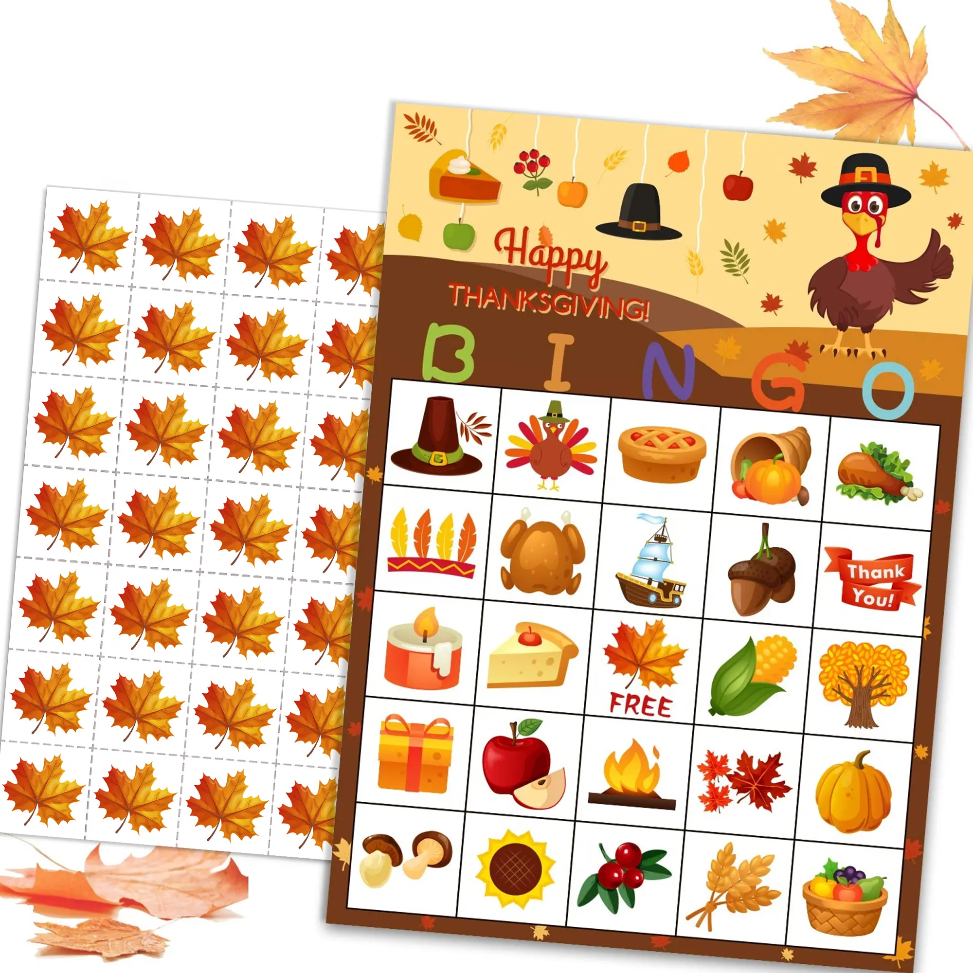 Fall Bingo Game - Thanksgiving Party Activities for 24 Players Family and Thanksgiving Bingo Pame for Party with Festive Icons and Colorful Design