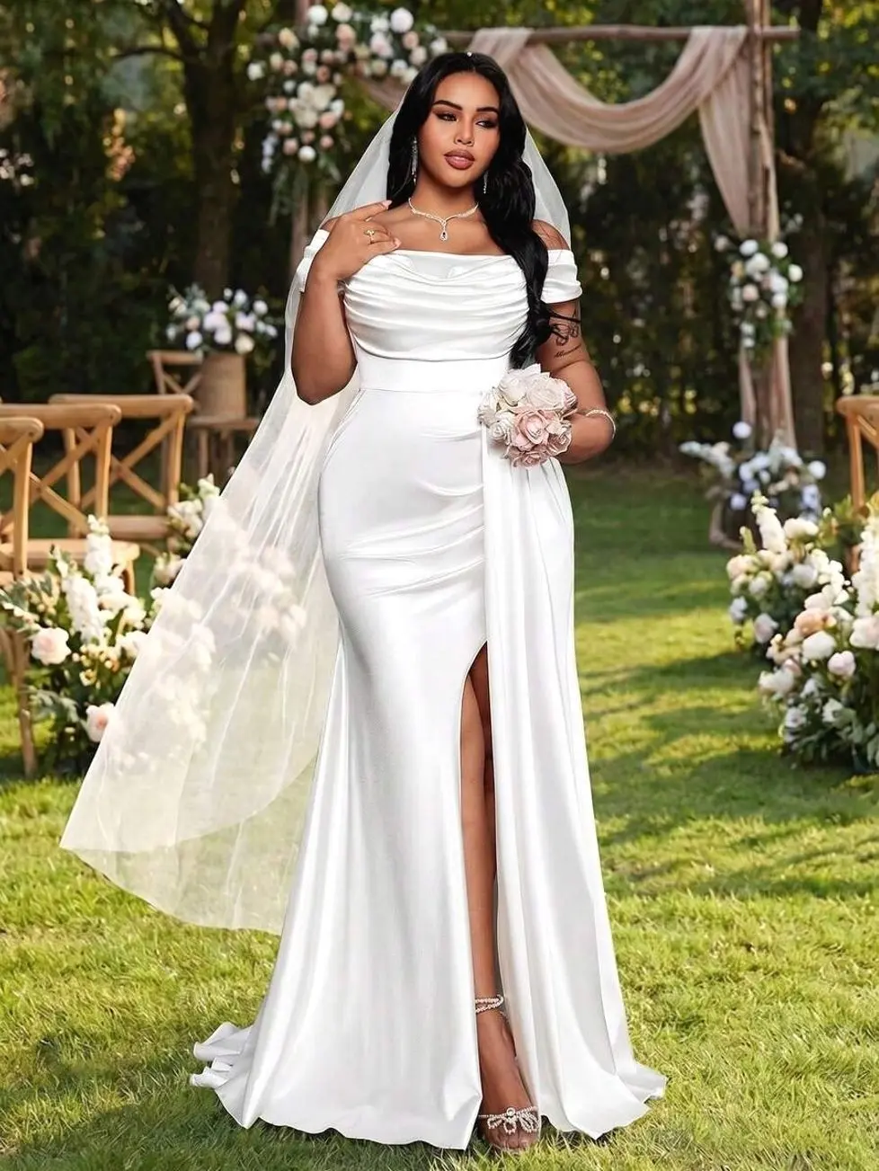🤍 Plus Size Mermaid Wedding Dress, Elegant Off Shoulder Bridal Gown For Weddings, Ceremonies And Formal Events.
