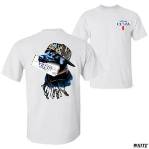 Michelob Ultra Hunting Dog Graphic T-Shirt, Features Blue Labrador Wearing Camo Cap Holding Michelob Ultra Can With Hunting Gear Illustration On Back, Beer Brand Outdoor Theme Unisex Casual Tee, Apparel Gift For Beer Lovers, Top Menswear Streetwear Casual