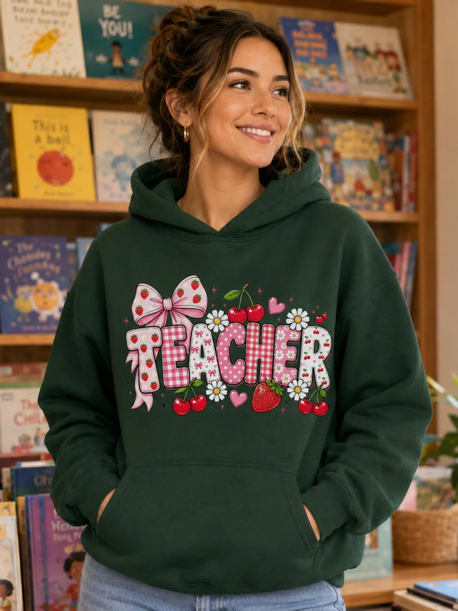 Cute Teacher Hoodie, Strawberry Cherry Bow Graphic Sweatshirt, Coquette Classroom Pullover for Women, School Staff Hoodie