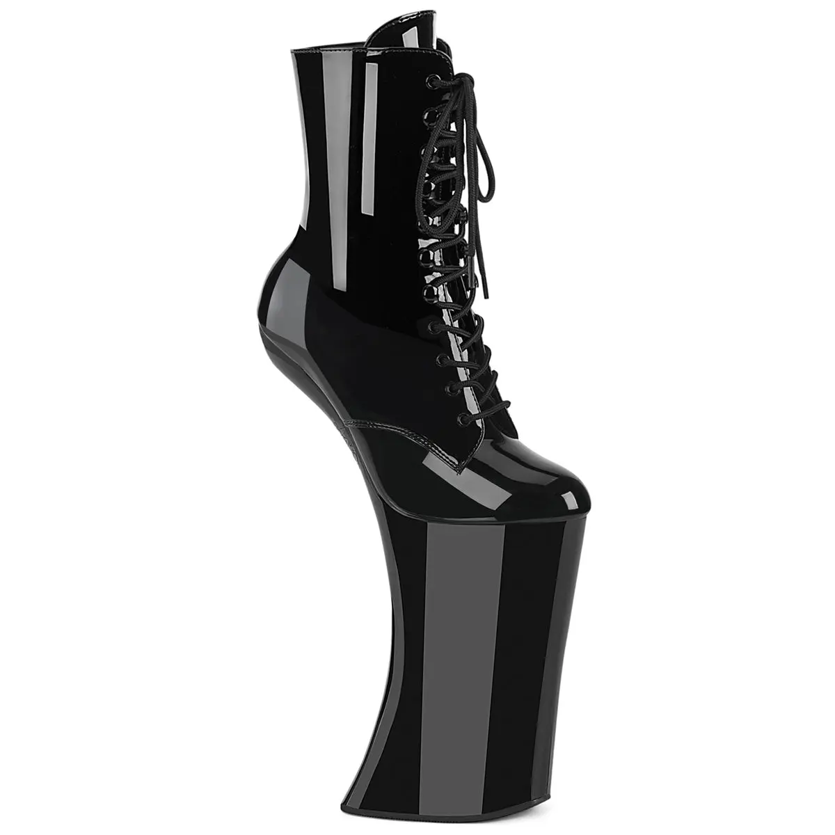 Pleaser Women's Forbidden-1020 Heelless 6.25" Platform Ankle Boots, Black Patent Leather Lace-Up Evening Footwear with Side Zip, Ankle-Length, All Seasons