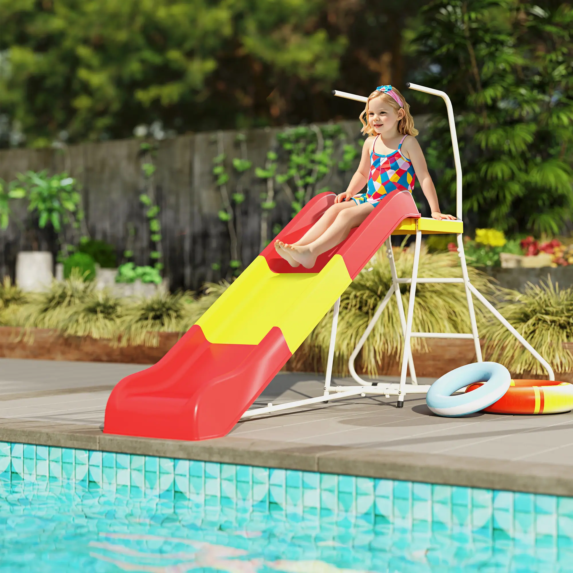 6ft Metal Freestanding Playground Slide with Climbing Ladder, Red Backyard Outdoor Home Improvement Garden Equipment for Pools