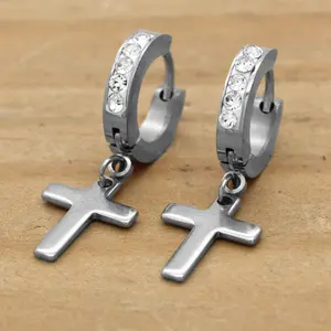 Huggie Hoop 1 Row Dangle Cross SILVER FILLED EARRINGS