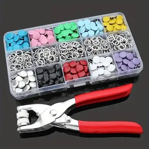 100-count colorful, durable metal button tool kit featuring pliers, manual crimpers, stainless steel. Suitable for DIY crafts, clothing, hats, bags, and sewing. Ideal for beginners and professionals.