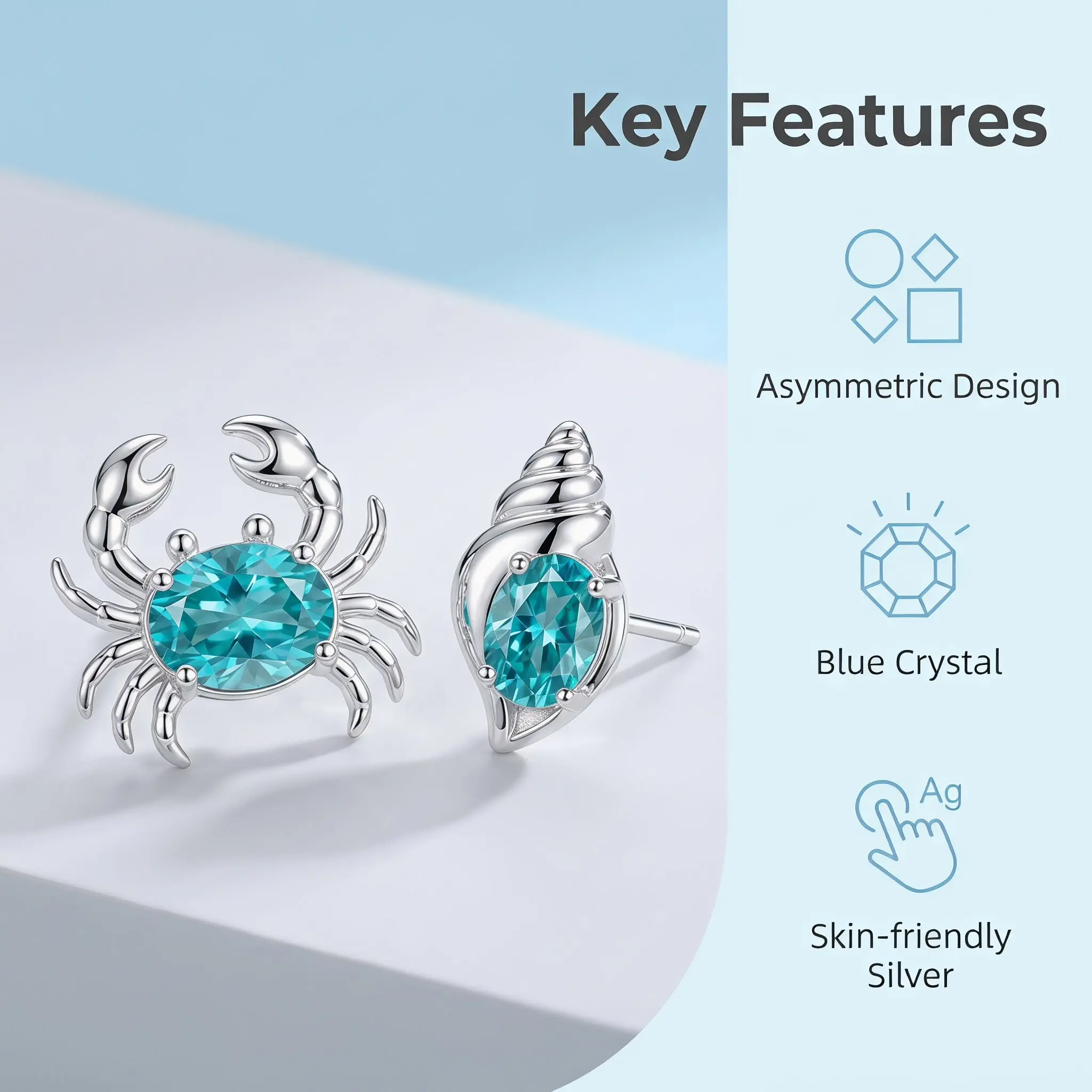 Women's 925 Silver Hypoallergenic Crab Seashell Stud Earrings - Unique Asymmetry Design, Shiny Blue Crystals, Blue Shell Motif, Sea Creature, Glamorous Everyday Costume Jewelry Gifts