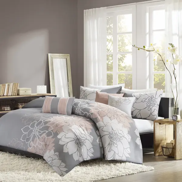 Madison Park MP12-5673 6-Piece Printed Cotton Duvet Cover Set - Gray & Blush Pink, Full-Queen Size, Button-Tie Closure, Casual Elegance, Machine Washable