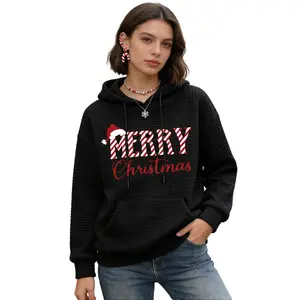 Womens Summer Tops Waffle Long Sleeve Loose Sweatshirts Merry Christmas Candy Cane Stripe Print Lightweight Drawstring Hoodies Hooded Neck Casual Blouses
