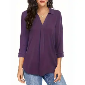 Plus Size Women's Elegant Burgundy V-Neck Blouse - 3/4 Sleeve Loose Fit Shirt with Chest Ruching, Machine Washable All-Season Casual & Formal Top, Versatile Clothing, Smooth Texture