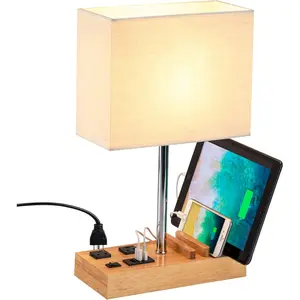 Desk Lamp with 3 USB  Ports, Table Lamp with 2AC Outlets and 3 Phone Stands, Nightstand Bedside Lamp with  Wooden Base and Cream Linen Shade