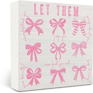 Let Them Coquette Bow Wooden Signs, Mental Health Wooden Box Sign, Motivational Inspirational Decor For Kids Bathroom Desk Tabletop Shelf Decoration Home Decor Products 5x5 Inches