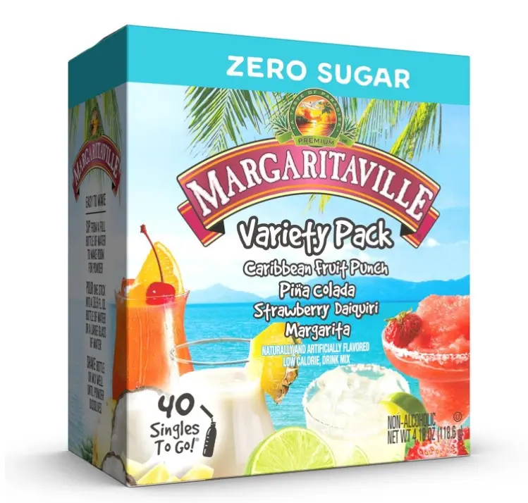 SINGLES TO GO! Margaritaville Water Drink Mix, Variety Pack, Includes 4 Flavors: Caribbean Fruit Punch, Pina Colada, Strawberry Daiquiri, And Margarita,1 Box (40 Single Servings)