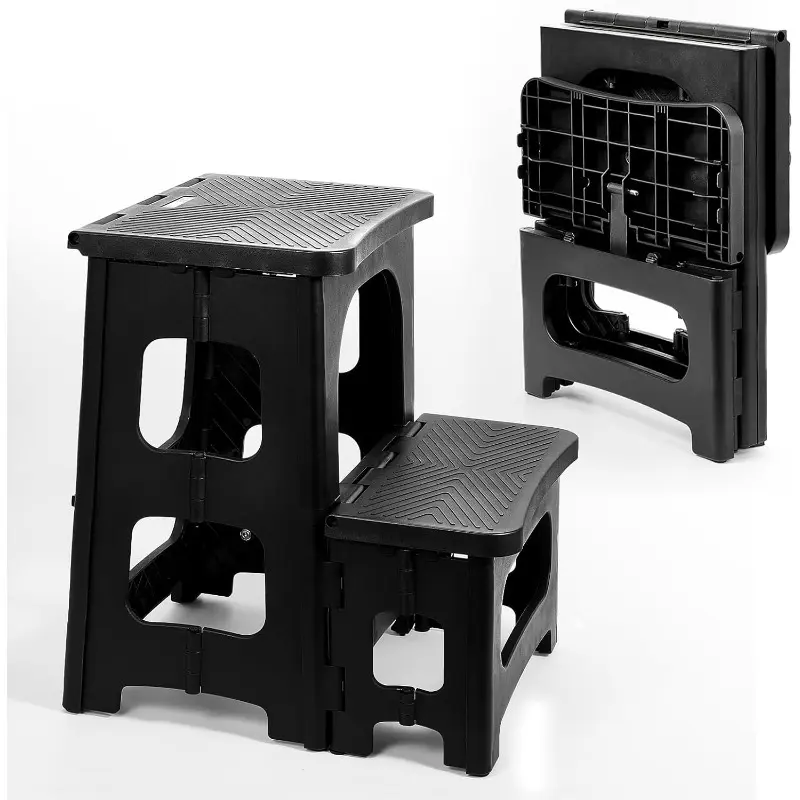 2-Step Stool Foldable, Plastic Steps Stool Folding Step Ladder Two Stepstools Collapsible Step Stools for Adults for Kitchen Home Bathroom RV, Pool Ladder Above Ground-Black